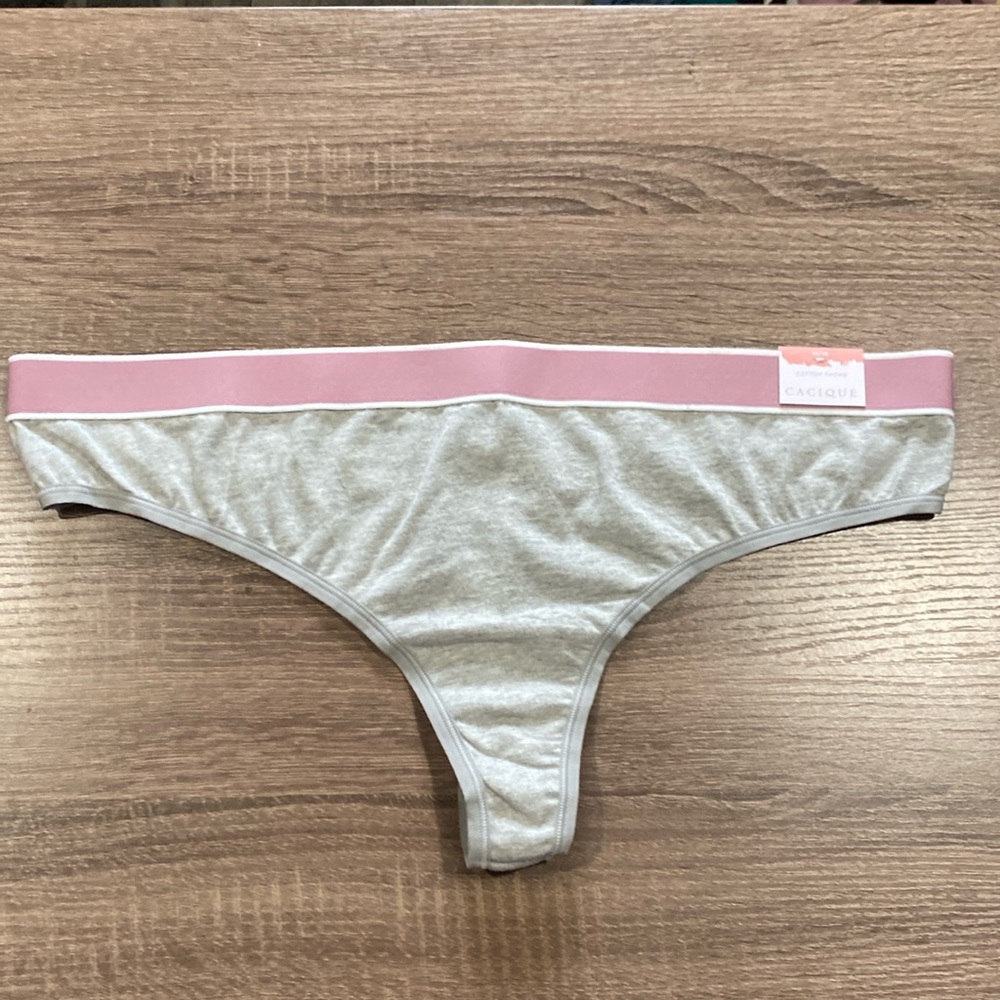 NWT - Cacique Cotton Wide Side Thong Panties - Heather w/ Pink Waistband - 14/16